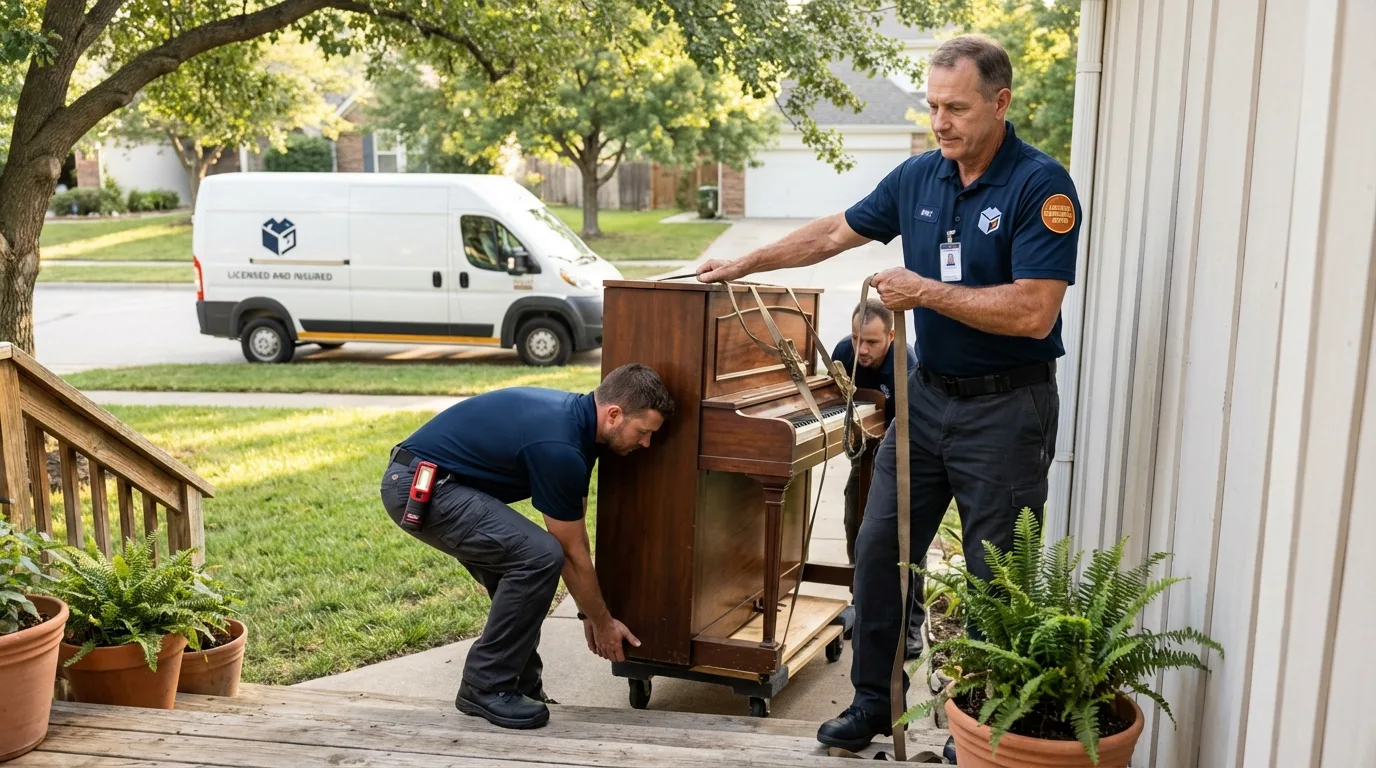 Licensed piano movers securing grand piano in Union, MS