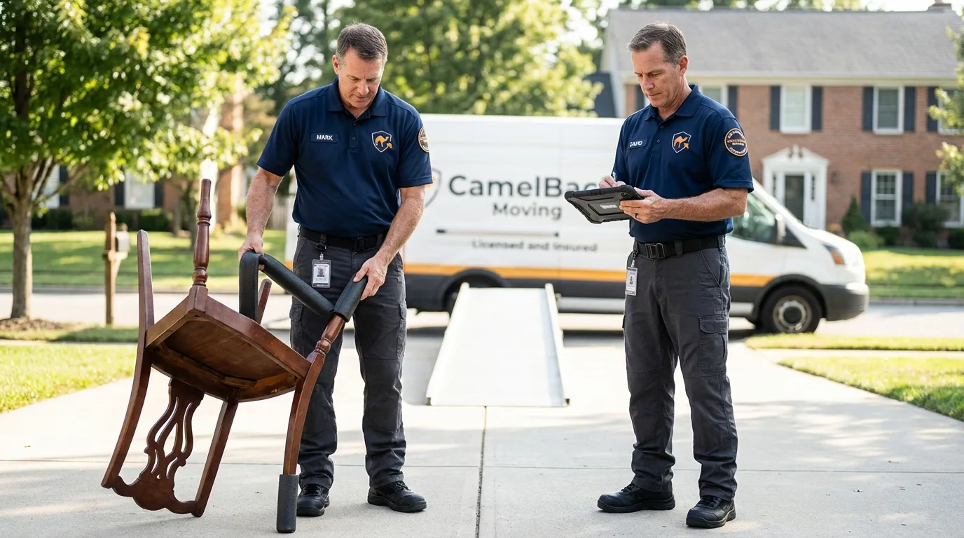Movers inspecting furniture for damage prevention before loading in Union, MS