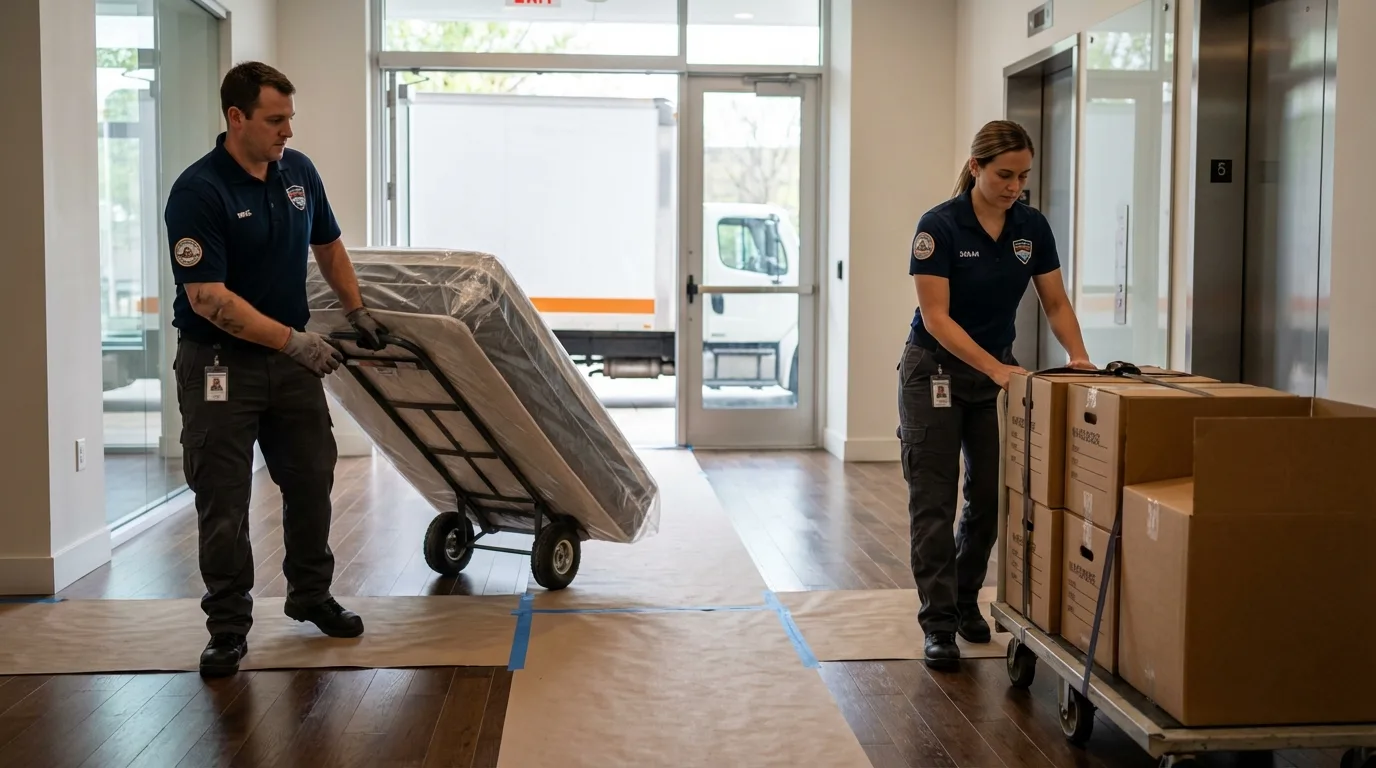 Professional apartment movers loading elevator in Union, MS
